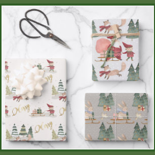Charming Merry Christmas Trees Santa Sleigh Elves Wrapping Paper Sheet