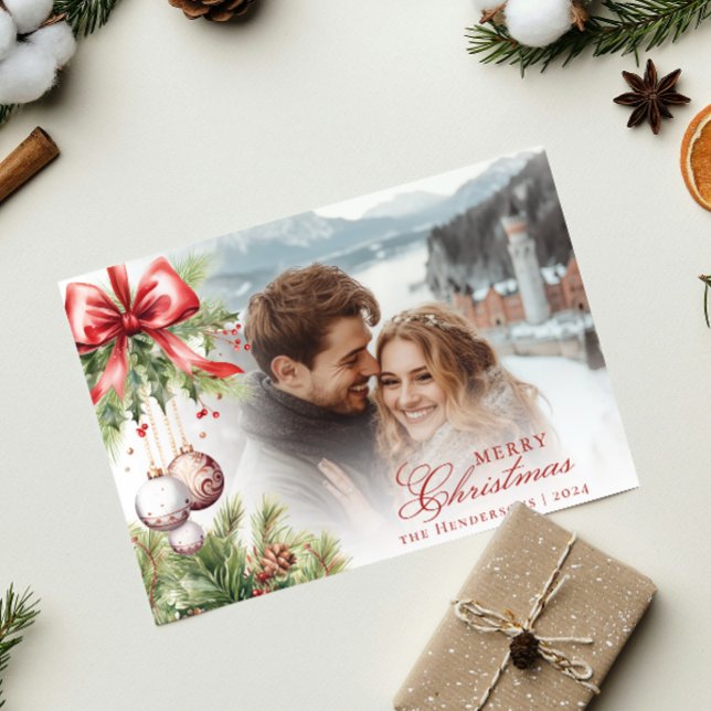 Charming Mistletoe Photo & Name Christmas Card (Creator Uploaded)