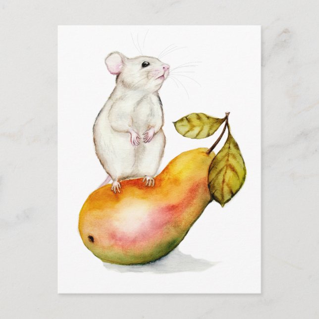 Charming Mouse on a Pear Holiday Postcard (Front)