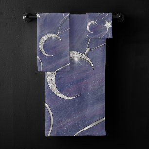 Charming Mystique   Silver Moon Stars Sun Amulet Bath Towel Set