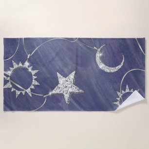 Charming Mystique Silver Moon Stars Sun Amulet Beach Towel