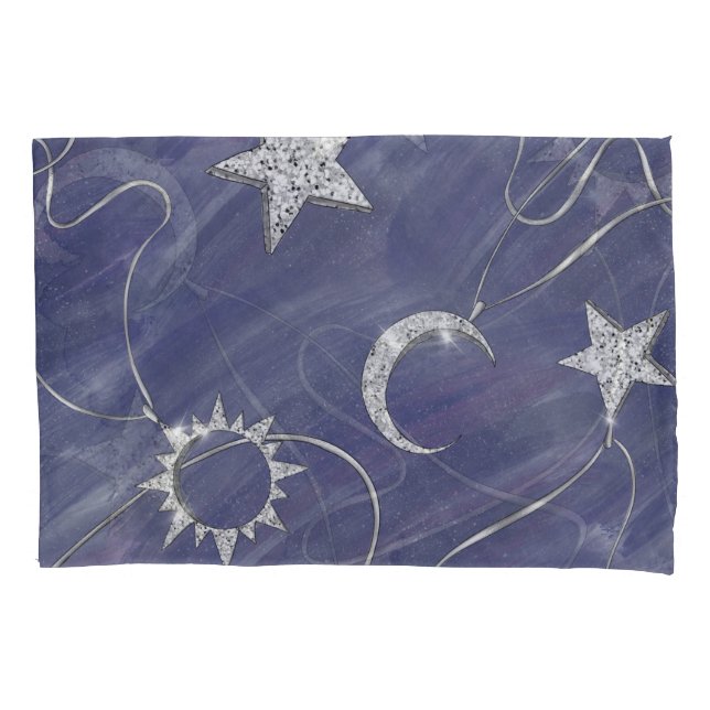 Charming Mystique | Silver Moon Stars Sun Amulet Pillowcase (Front)