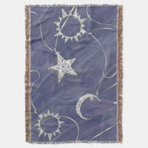 Charming Mystique   Silver Moon Stars Sun Amulet Throw Blanket