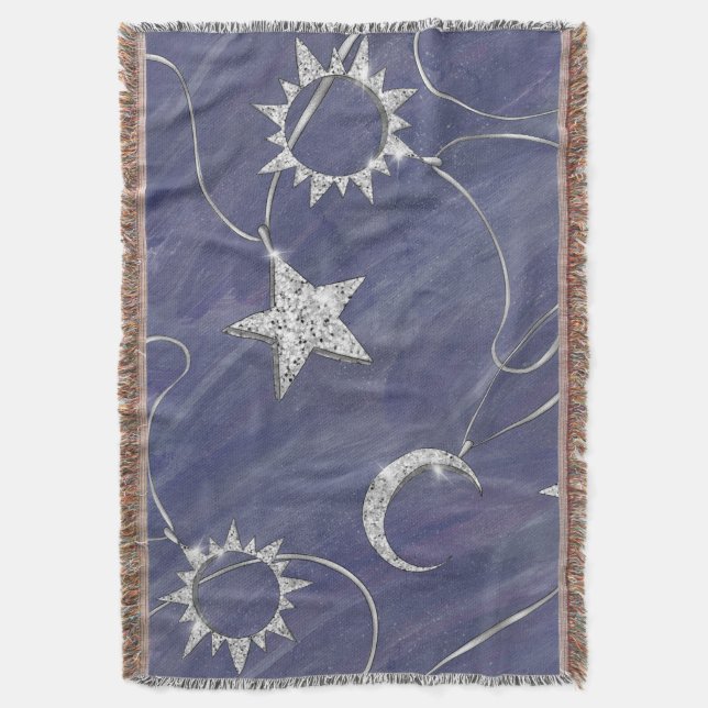 Charming Mystique | Silver Moon Stars Sun Amulet Throw Blanket (Front Vertical)