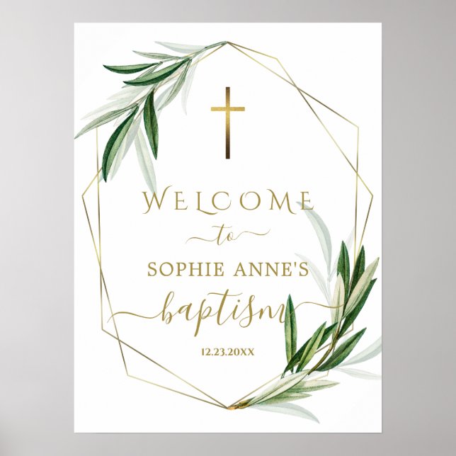 Charming Olive Leaves Gold Baptism Welcome Sign (Front)