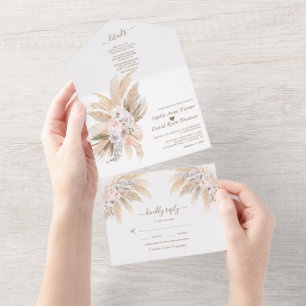 Charming Pampas Grass White Orchid Roses Wedding All In One Invitation