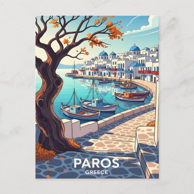 Charming Paros Greece harbour scene Announcement Postcard (Front)