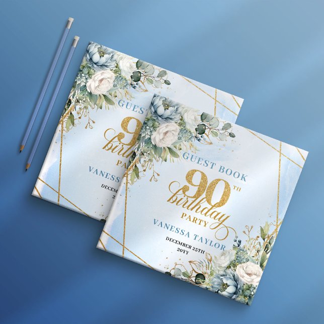 Charming Pastel Blue Gold 90th Birthday Sign In Guest Book (Charming Pastel Blue Gold 90th Birthday Sign In)