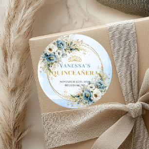 Charming Pastel Blue Gold Eucalyptus Quinceañera  Classic Round Sticker