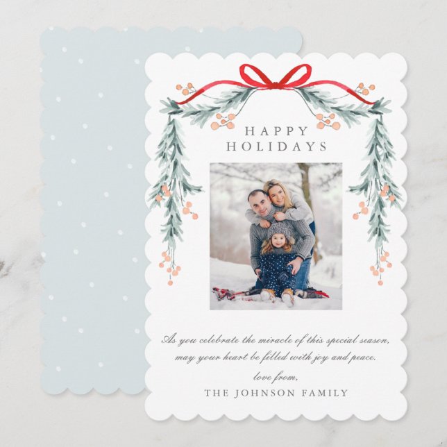 Charming Pastel Light Blue Christmas Garland Photo Holiday Card (Front/Back)