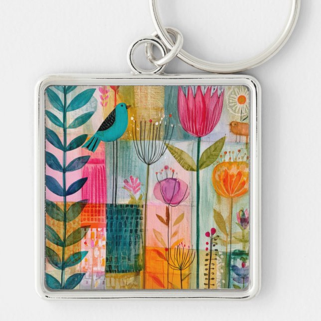 Charming Patchwork Bluebird Meadow Key Ring (Front)