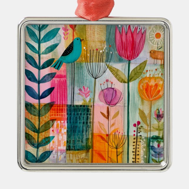 Charming Patchwork Bluebird Meadow Metal Tree Decoration (Front)