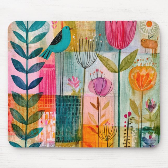 Charming Patchwork Bluebird Meadow Mouse Pad (Front)