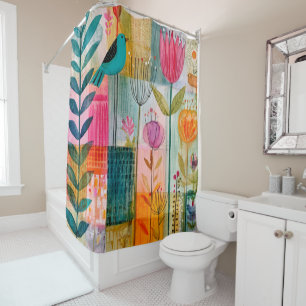 Charming Patchwork Bluebird Meadow Shower Curtain