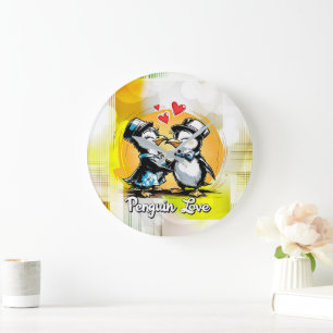 Charming Penguin Couple Large Clock