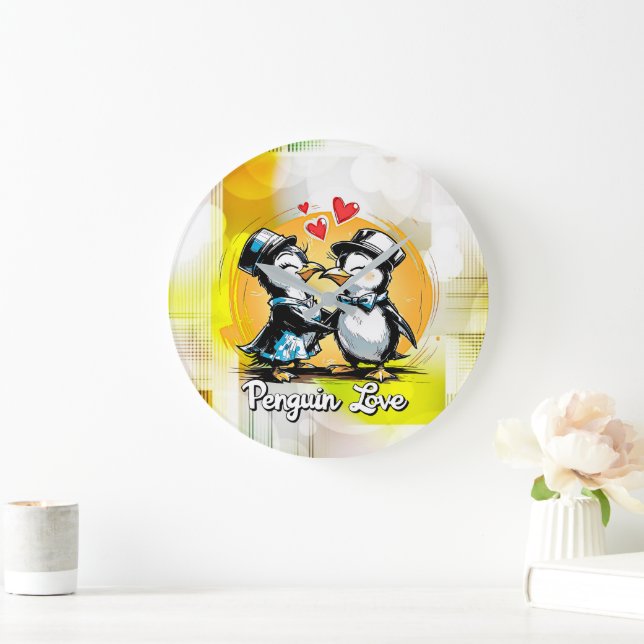 Charming Penguin Couple Large Clock (Home)