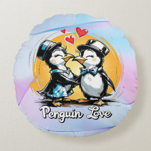 Charming Penguin Couple Round Cushion