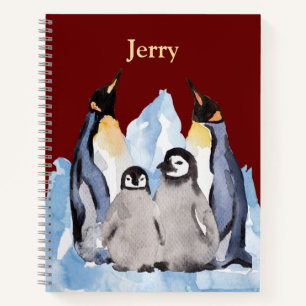 Charming Penguin Family with Name on Burgundy Note Notebook
