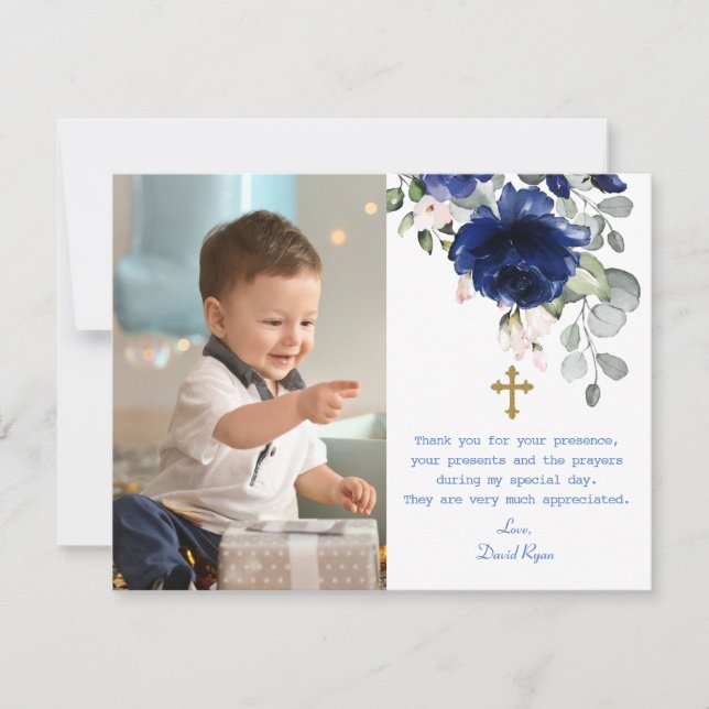 Charming Photo Boy Gold Cross Baptism Thank You Card (Front)