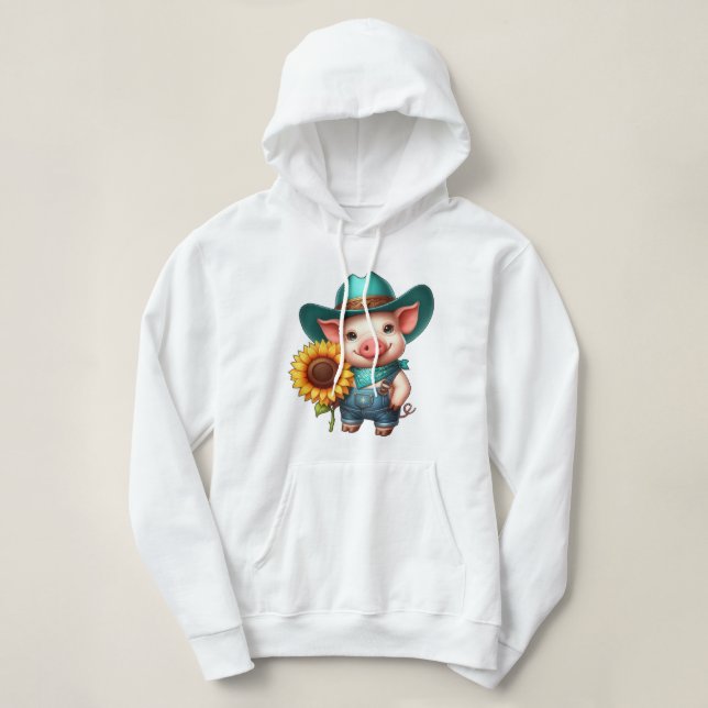 Charming Piglet in Cowboy Attire With Sunflower Hoodie (Design Front)