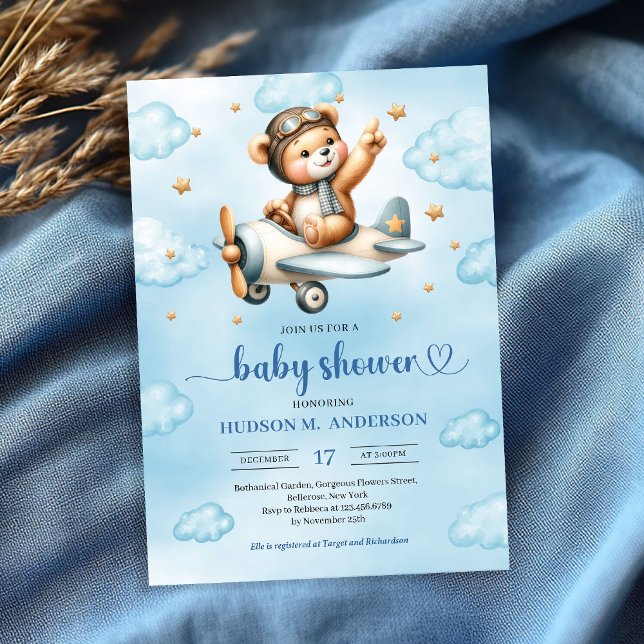 Charming pilot teddy bear blue boy shower invites (Charming pilot teddy bear blue boy shower invitation)