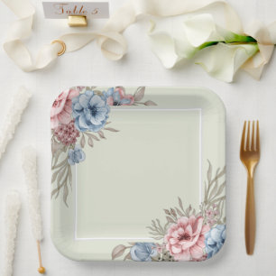 Charming Pink and Blue Floral Square Wedding Paper Plate