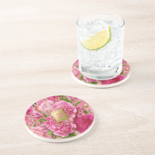 Charming Pink and Green Floral Monogram Sandstone Coaster