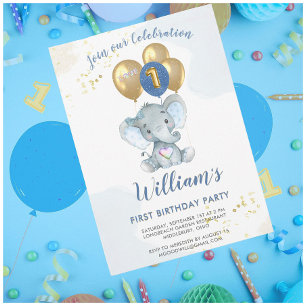 Charming Pink Blue Elephant First Birthday Boy Invitation