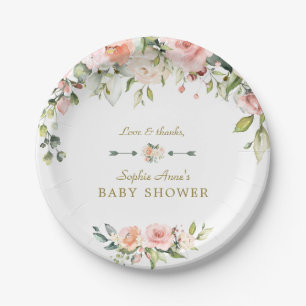 Charming Pink Blush Cream Flowers Baby Shower Paper Plate