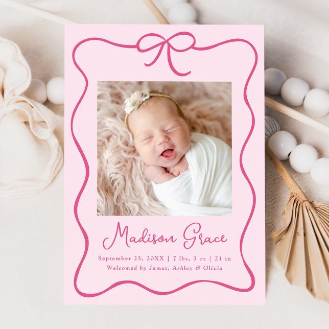 Charming Pink Bow Baby Girl Photo Birth Announcement (Creator Uploaded)