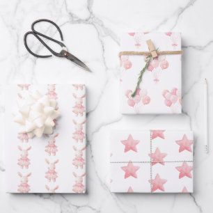 Charming Pink Bunny,Balloons,Stars Wrapping Paper Sheet