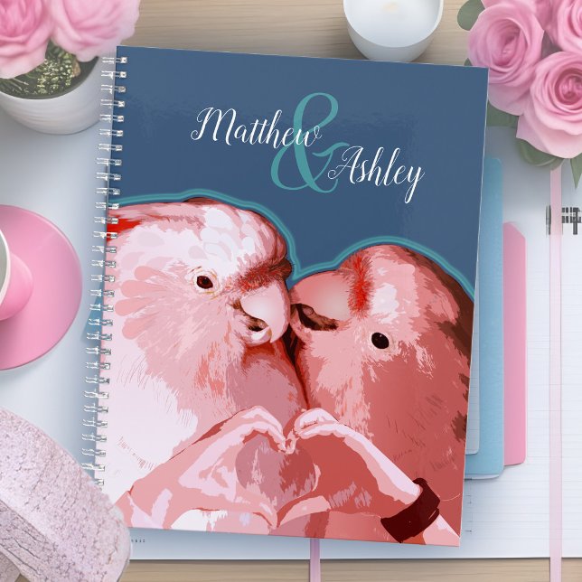 Charming Pink Cockatoo Fun Heart Hands Wedding Planner (Cockatoo sweetheart couple personalized wedding planner, pink and blue pop art parrots love birds)
