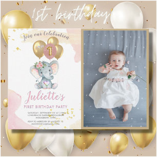 Charming Pink Elephant Photo First Birthday Girl Invitation