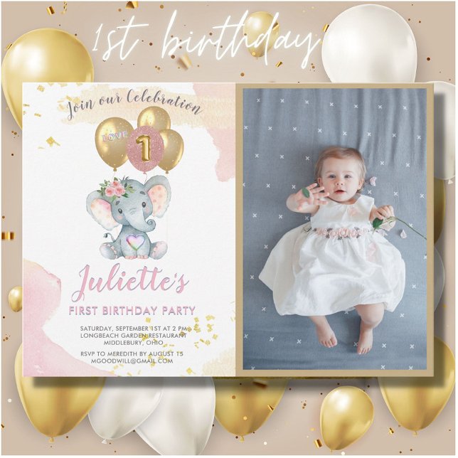 Charming Pink Elephant Photo First Birthday Girl Invitation (Creator Uploaded)
