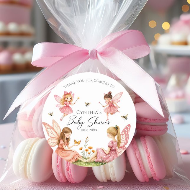 Charming Pink Fairies Woodland Baby Shower Classic Round Sticker (Creator Uploaded)