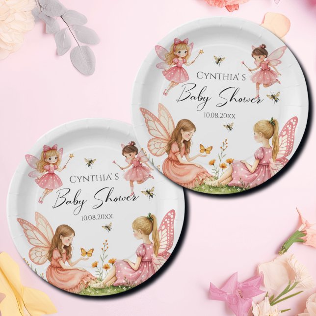 Charming Pink Fairies Woodland Baby Shower Paper Plate (Creator Uploaded)