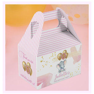 Charming Pink Floral Elephant First Birthday Girl  Favour Box