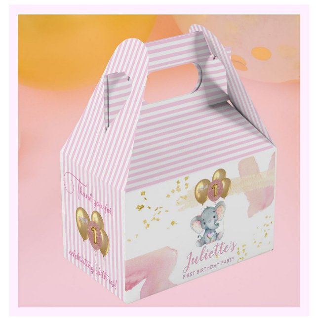 Charming Pink Floral Elephant First Birthday Girl  Favour Box (Creator Uploaded)