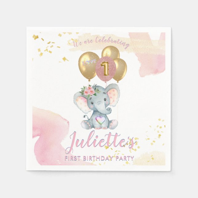 Charming Pink Floral Elephant First Birthday Girl  Napkin (Front)