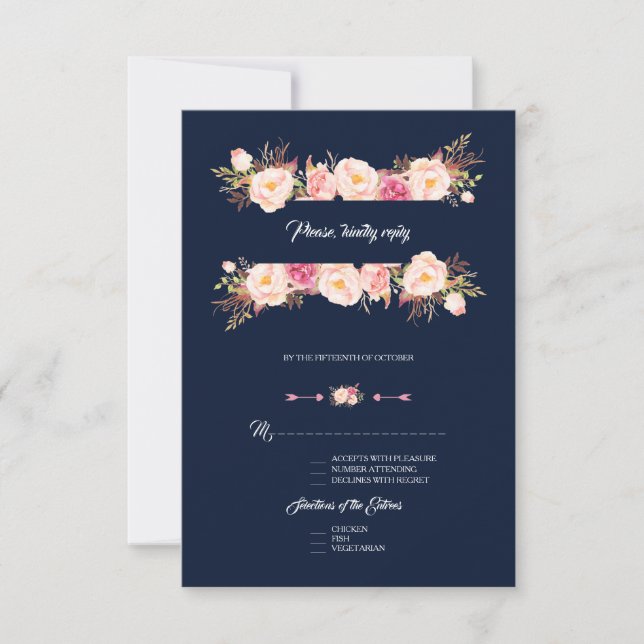 Charming Pink Floral Frame Navy Blue Wedding RSVP Card (Front)