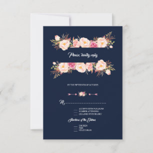 Charming Pink Floral Frame Navy Blue Wedding RSVP Card