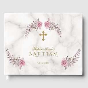 Charming Pink Floral Marble Girl Baptism Guest Book