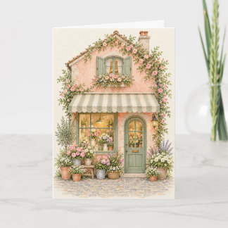Charming Pink Flower Shop Cottage Greeting Card