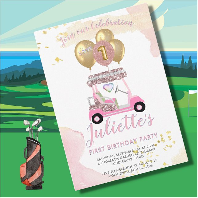 Charming Pink Golf Cart First Birthday Girl   Invitation (Creator Uploaded)