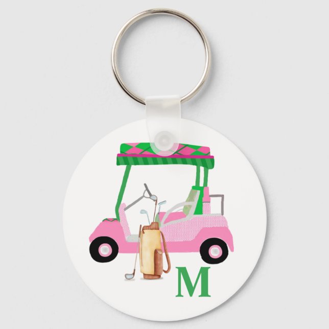 Charming Pink Golf Cart with Clubs and Monogram   Key Ring (Front)
