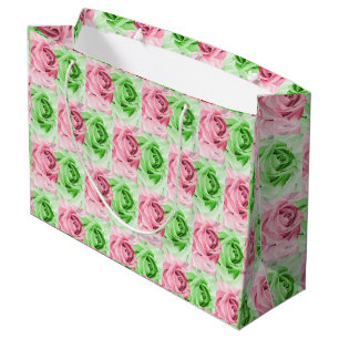 Charming Pink & Green Rose Wide Gift Bag