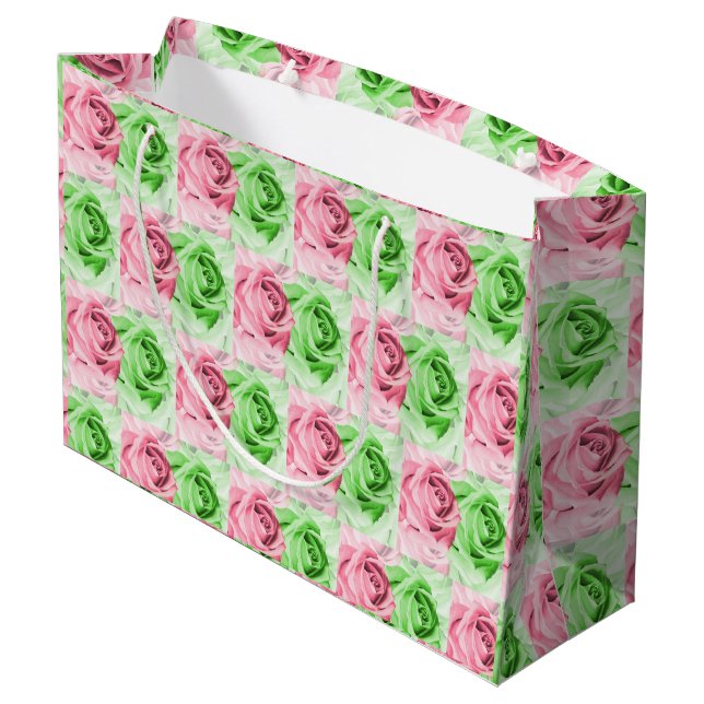 Charming Pink & Green Rose Wide Gift Bag (Back Angled)