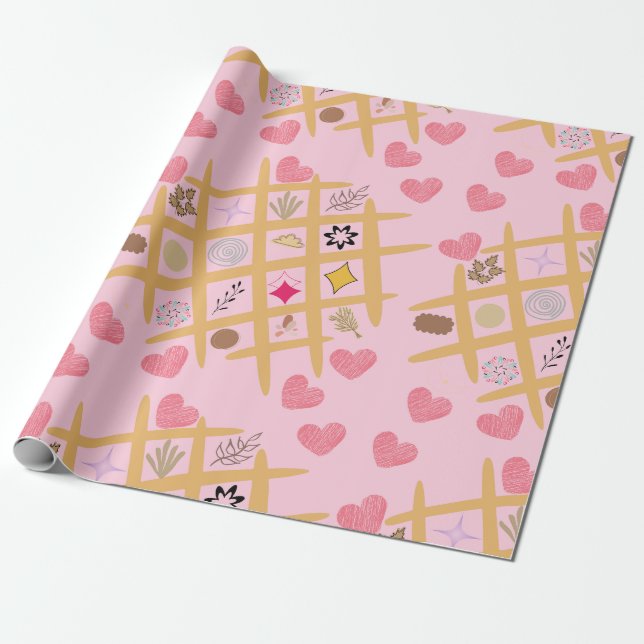 Charming Pink Heart and Abstract Patterned Wrapping Paper (Unrolled)