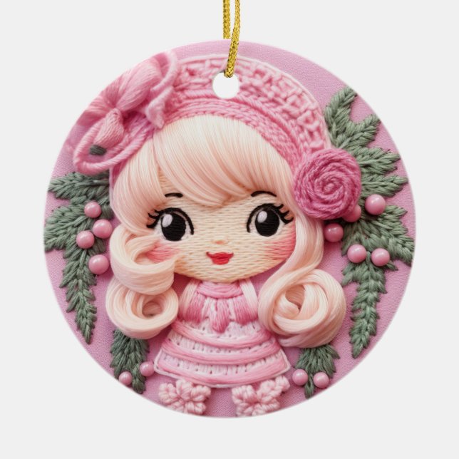 Charming Pink Holiday Elf Ceramic Tree Decoration (Front)