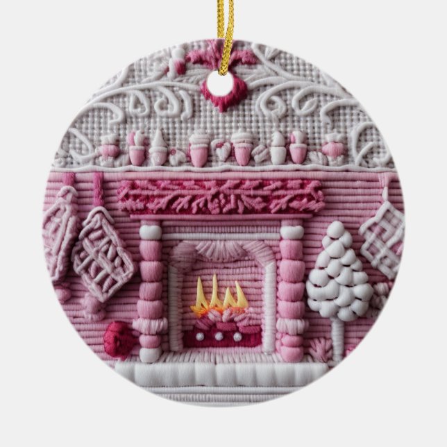 Charming Pink Holiday Hearth Ceramic Tree Decoration (Front)